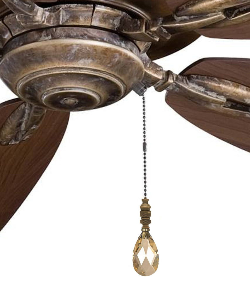 Stephanov Crystal Large Champagne Teardrops Ceiling Fan Pull, 2.75"h with 12" Antiqued Brass Chain