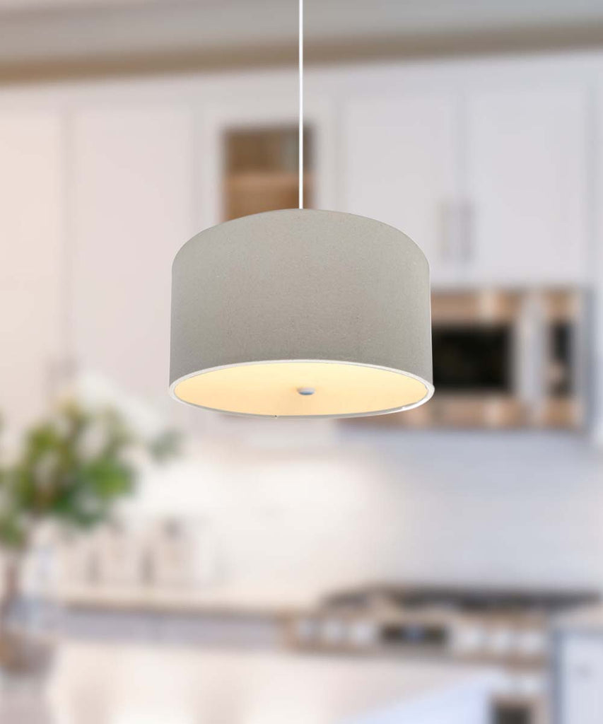 16" W 2 Light Pendant Light Oatmeal Linen Drum Shade with Diffuser, White Cord