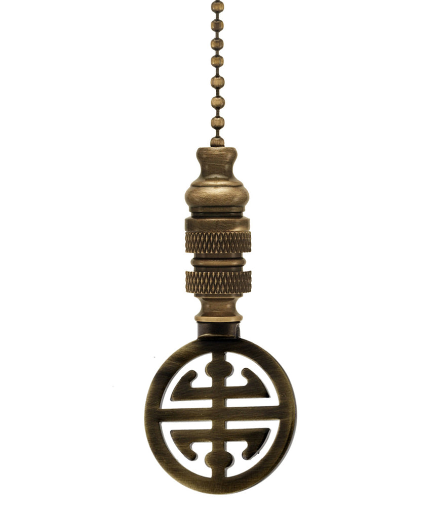 Classic 4 Blessings Asian Ceiling Fan Pull, 2.25"h with 12" Antiqued Brass Chain