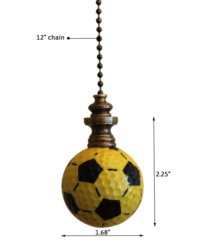 Yellow/Black Soccer Ball Ceiling Fan Pull, 2.25"h with 12" Antiqued Brass Chain