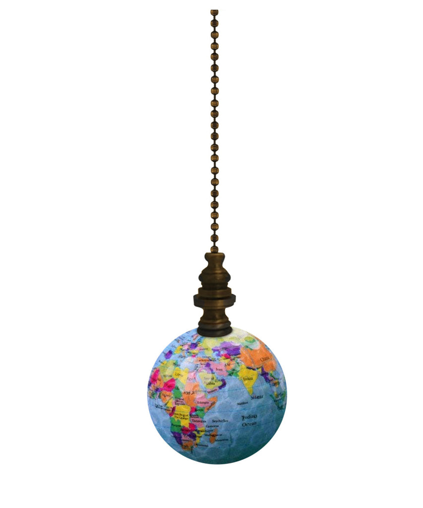 Earth Globe Ceiling Fan Pull, 2.25"h with 12" Antiqued Brass Chain