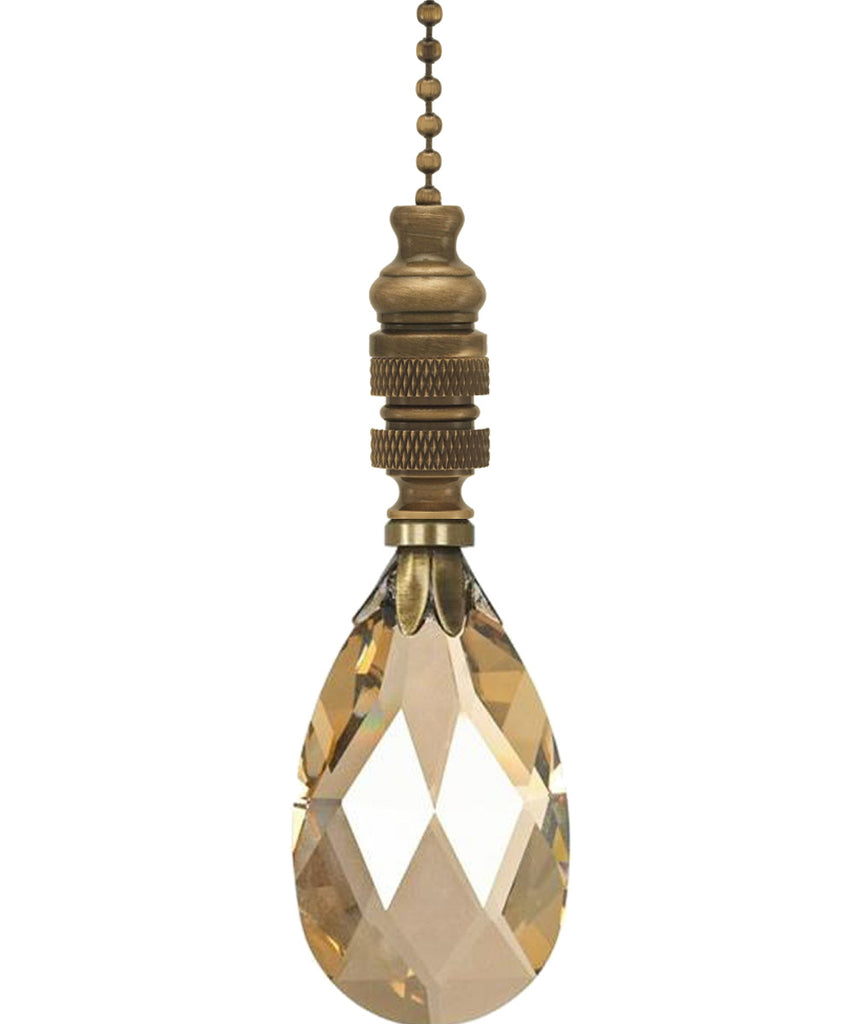 Stephanov Crystal Large Champagne Teardrops Ceiling Fan Pull, 2.75"h with 12" Antiqued Brass Chain