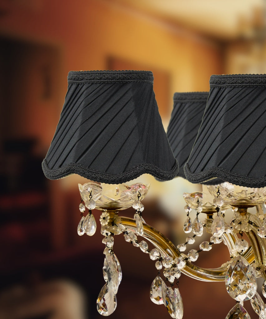 Set of 6 Pleated Scallop Clip-on Candelabra Lampshade Black Fabric 3x5x4