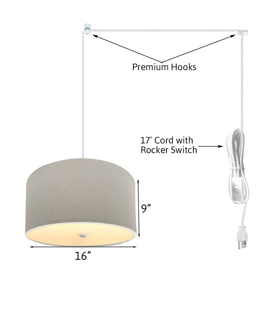 2 Light Swag Plug-In Pendant 16"w Light Oatmeal Linen Drum with Diffuser, White Cord