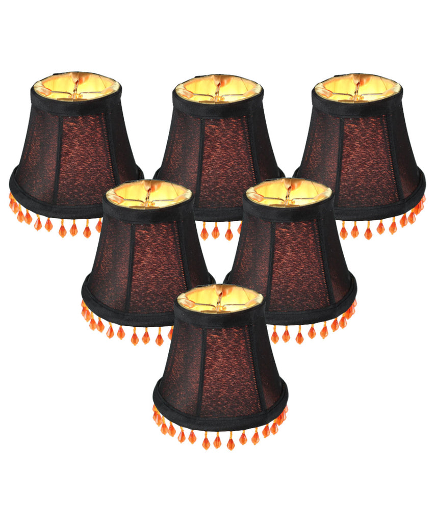 Set of 6 Candelabra Stretch with Gold Liner Amber Beads Clip-On Lampshade 3x5x4