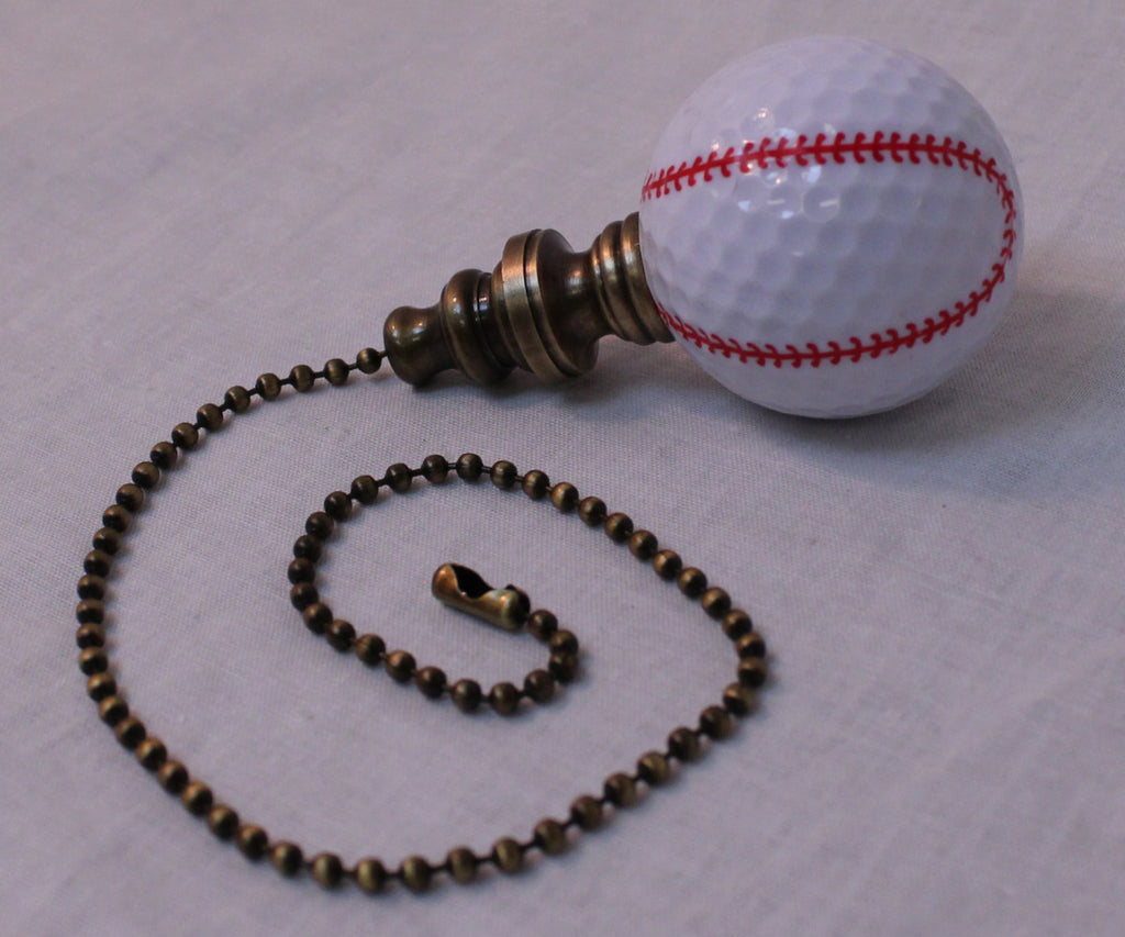 Baseball Ceiling Fan Pull, 2.25"h with 12" Antiqued Brass Chain