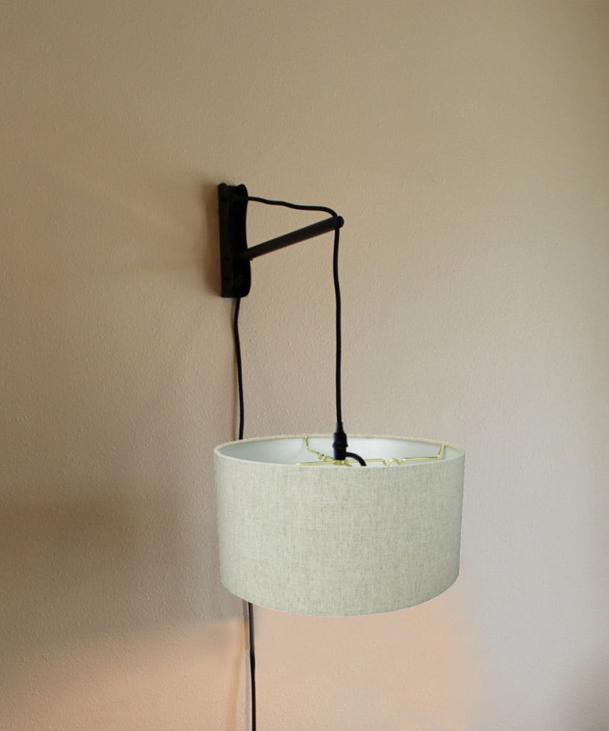 MAST Plug-In Wall Mount Pendant, 1 Light Black Cord/Arm, Textured Oatmeal Shade 18x18x10