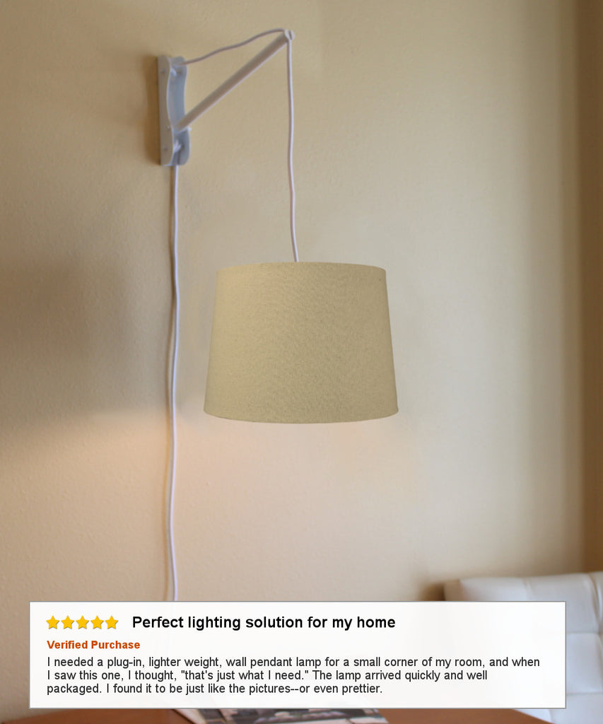 MAST Plug-In Wall Mount Pendant, 1 Light White Cord/Arm, Sand Linen Shade 12x14x10