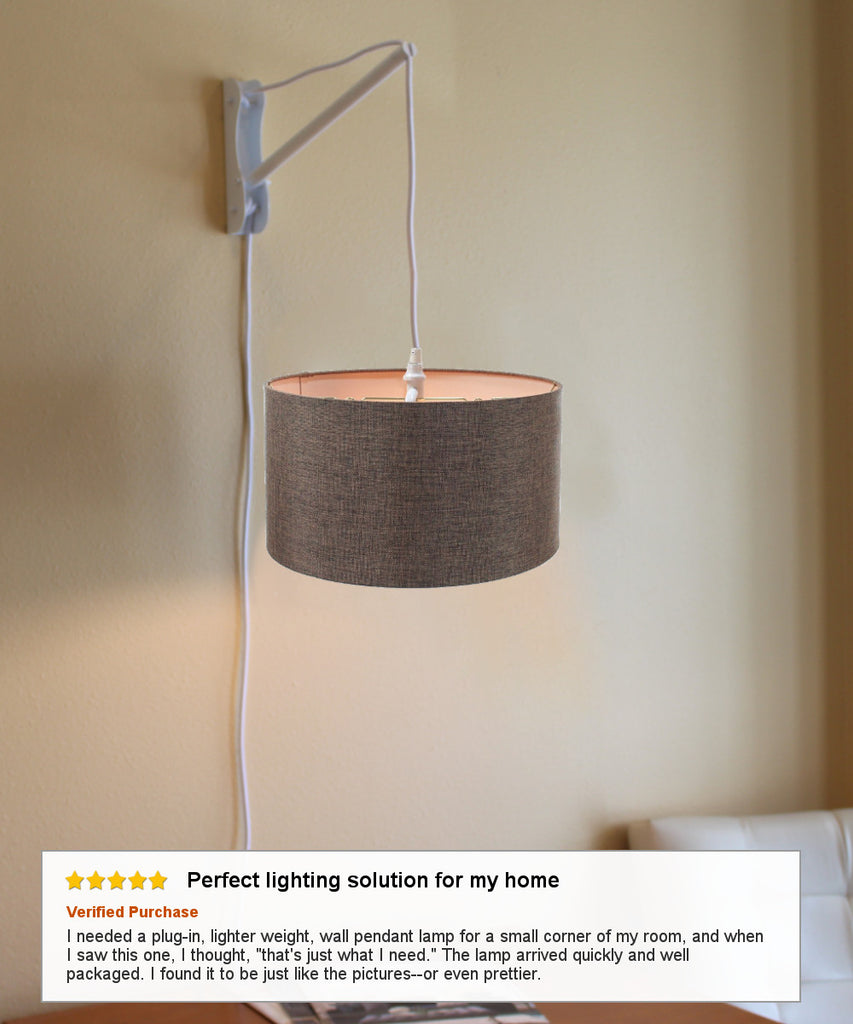 MAST Plug-In Wall Mount Pendant, 2 Light White Cord/Arm with Diffuser, Chocolate Burlap Shade 18x18x10