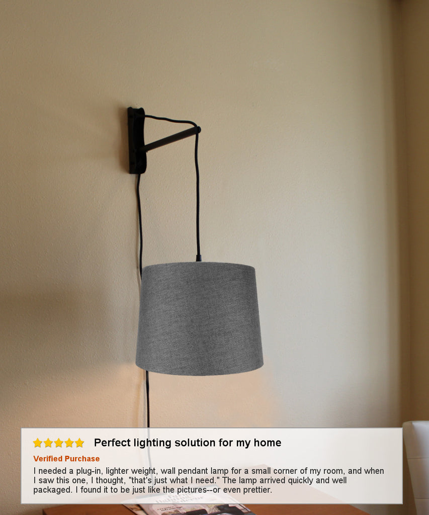 MAST Plug-In Wall Mount Pendant, 1 Light Black Cord/Arm, Granite Gray Shade 12x14x10