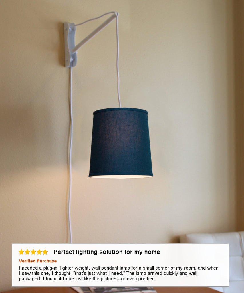 MAST Plug-In Wall Mount Pendant, 1 Light White Cord/Arm, Textured Slate Blue Linen Shade 10x12x12