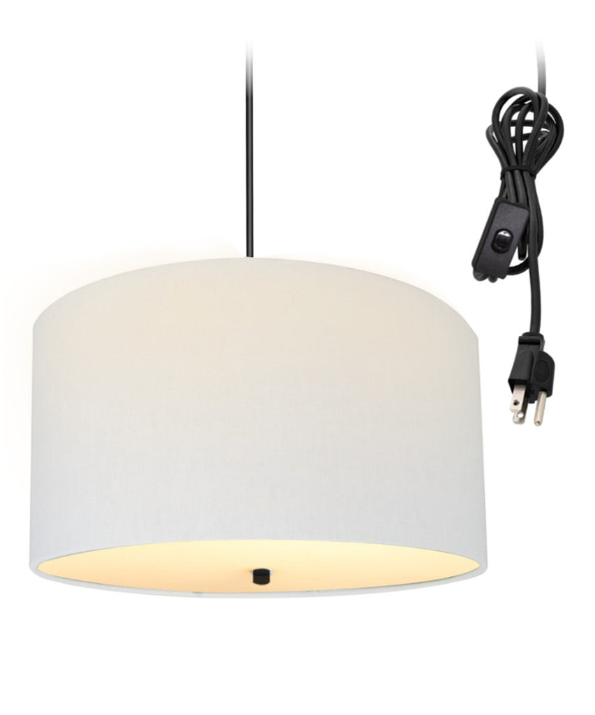 2 Light Swag Plug-In Pendant 16"w White Linen Drum with Diffuser, Black Cord