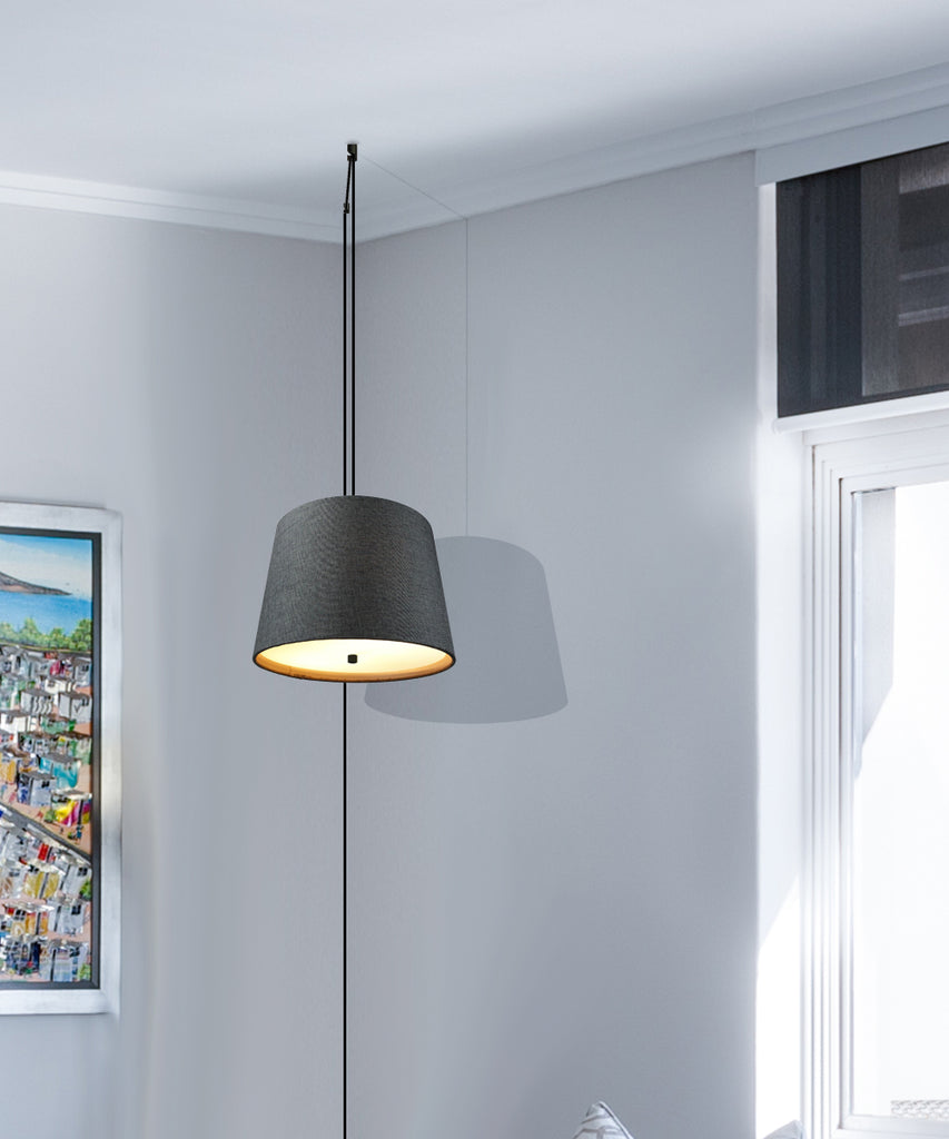 2 Light Swag Plug-In Pendant 14"w Drum Granite Gray Burlap with Diffuser, Black Cord