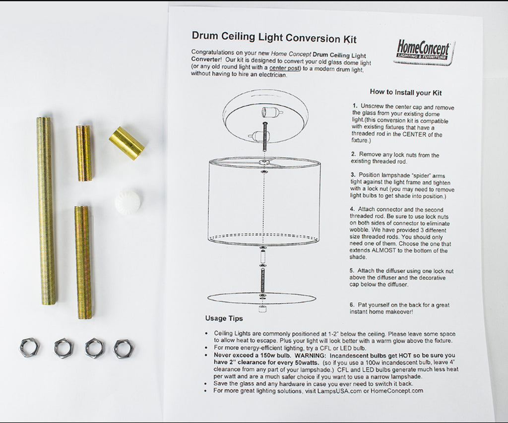 14" Moderne Flush Mount Conversion Kit - DIY Convert your dated Glass Ceiling Light to a Modern White Fabric Drum Lamp Shade with Diffuser by Home Concept 14"x14"x10"