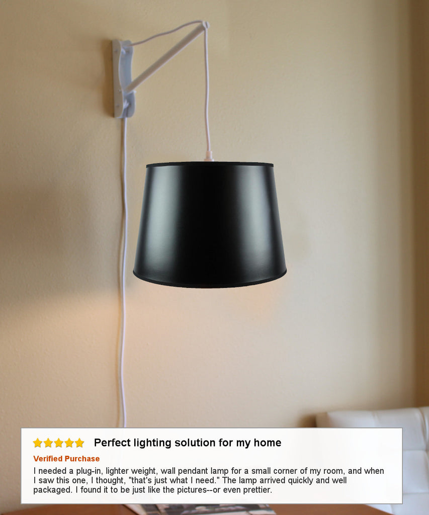 MAST Plug-In Wall Mount Pendant, 2 Light White Cord/Arm with Diffuser, Black Parchment Gold-Lined Shade 13x16x11