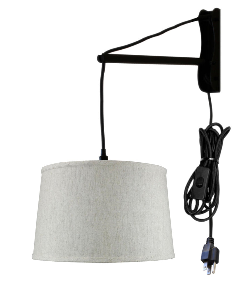 MAST Plug-In Wall Mount Pendant, 1 Light Black Cord/Arm, Shallow Drum Textured Oatmeal Shade 14x16x10