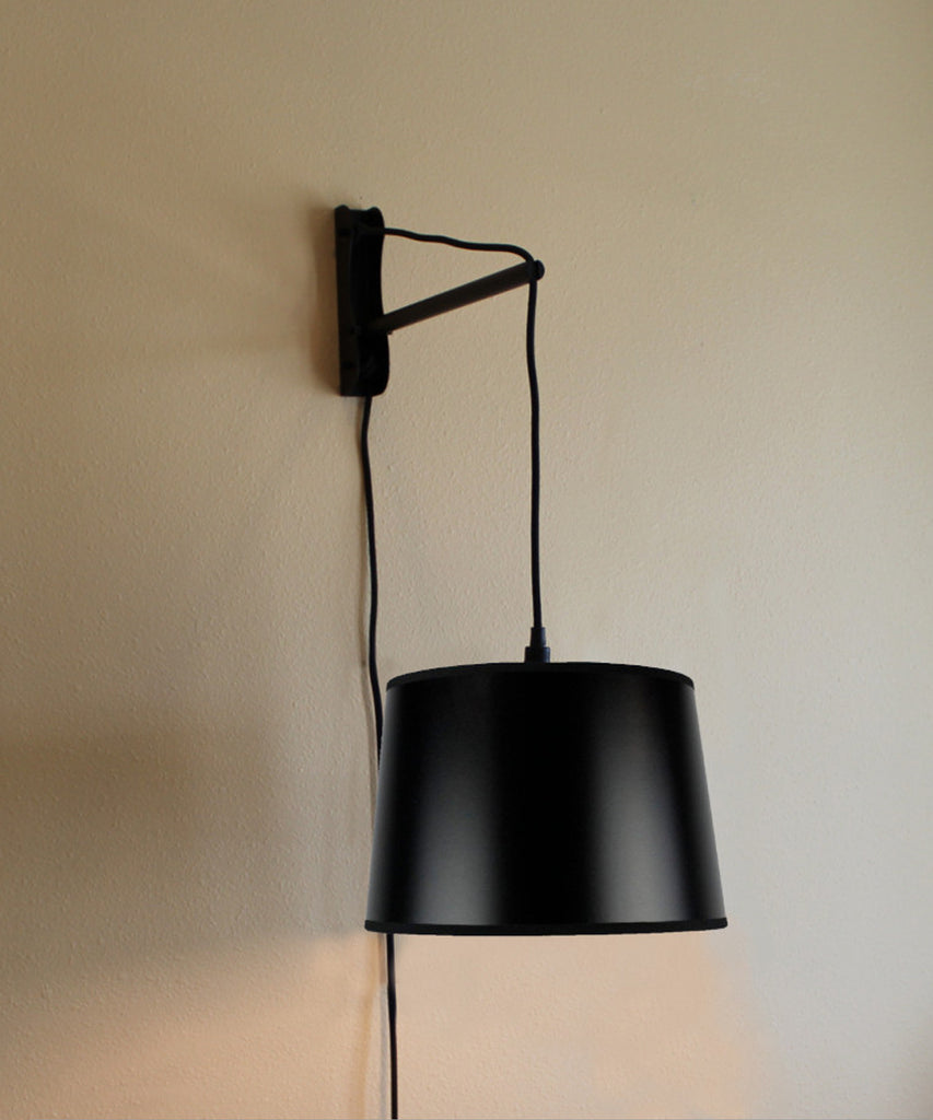 MAST Plug-In Wall Mount Pendant, 1 Light Black Cord/Arm, Shallow Drum Black Shade 10x12x8