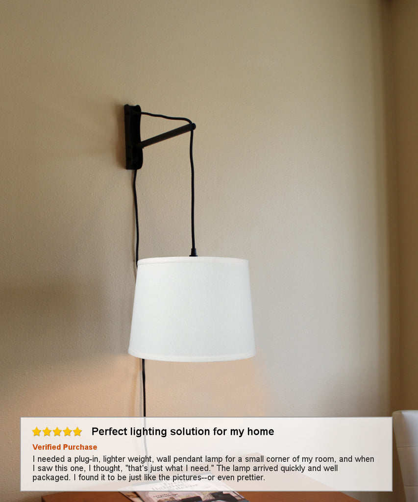 MAST Plug-In Wall Mount Pendant, 1 Light Black Cord/Arm, Light Oatmeal Shade 12x14x10