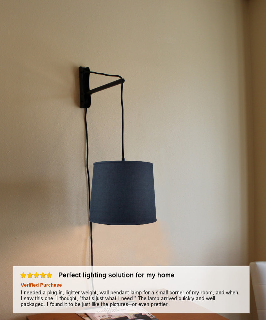 MAST Plug-In Wall Mount Pendant, 1 Light Black Cord/Arm, Textured Slate Blue Shade 12x14x10