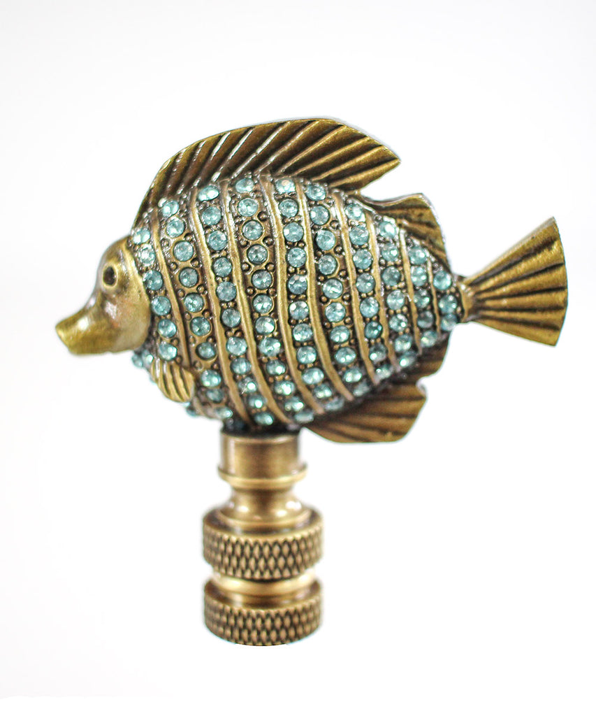 Tropical Fish Lamp Finial with Aegean Blue Glass Antique Brass Finish 2.25"h