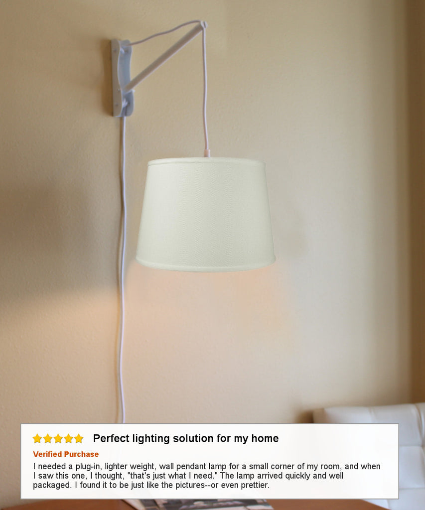 MAST Plug-In Wall Mount Pendant, 2 Light White Cord/Arm with Diffuser, Light Oatmeal Linen Shade 13x16x11