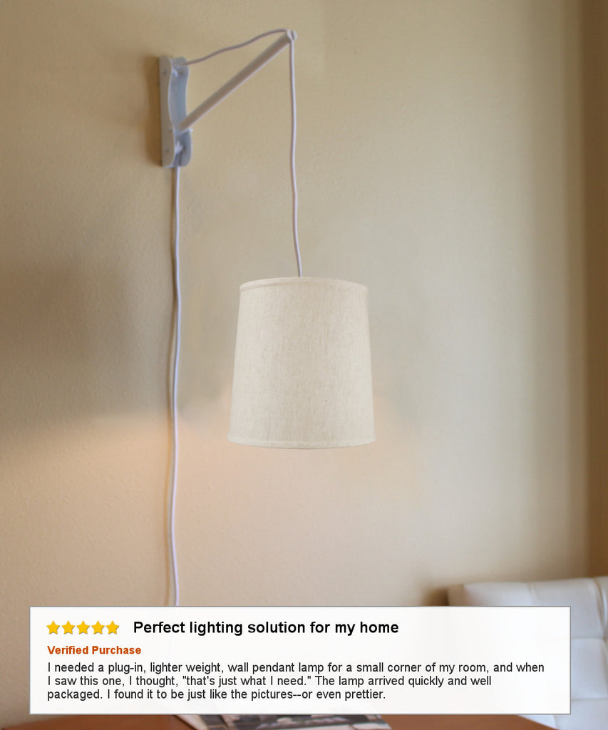 MAST Plug-In Wall Mount Pendant, 1 Light White Cord/Arm, Textured Oatmeal Linen Shade 10x12x12