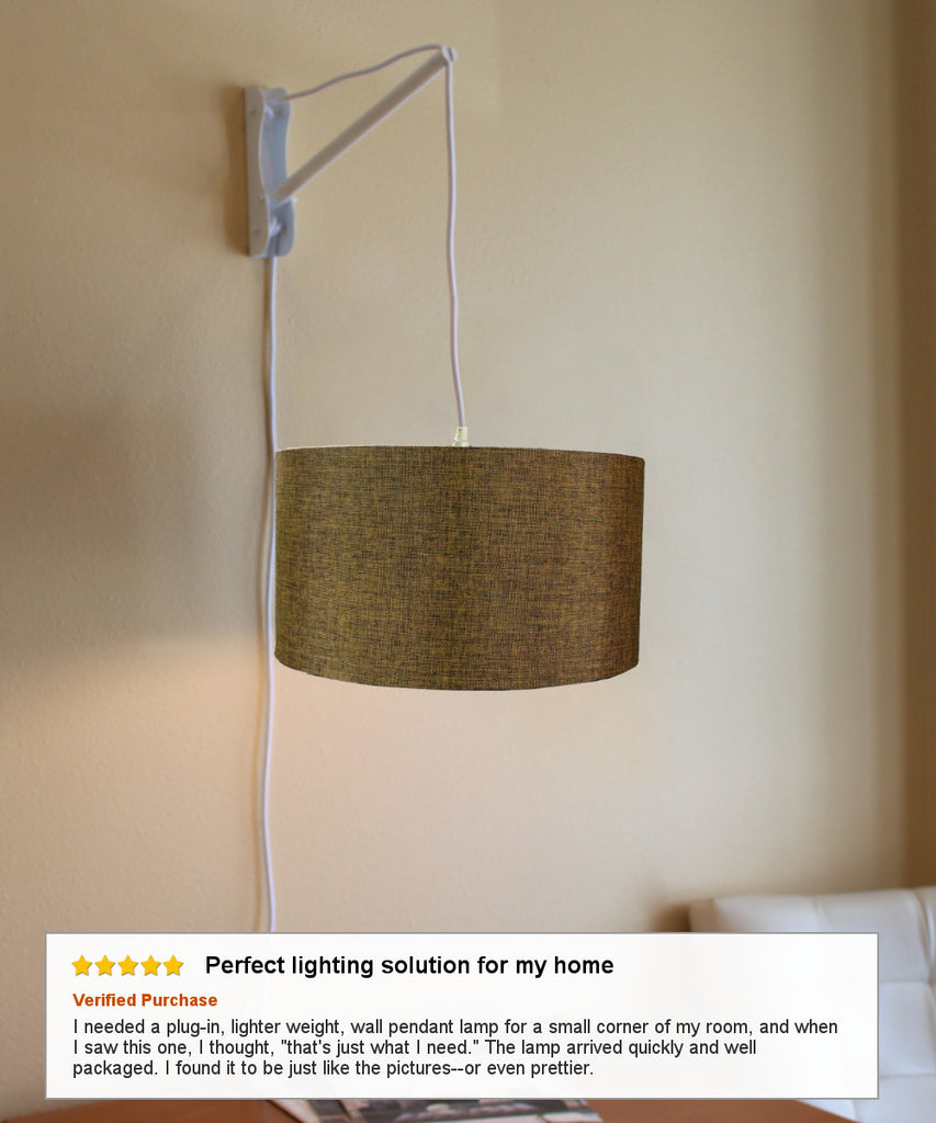 MAST Plug-In Wall Mount Pendant, 1 Light White Cord/Arm, Chocolate Burlap Shade 18x18x10