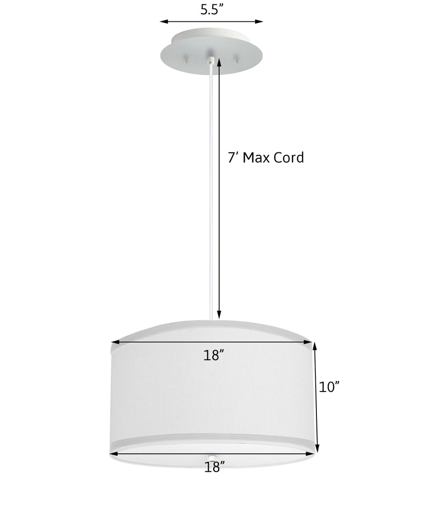 2 Light Pendant 18"w White Linen Shade with Diffuser, White Cord