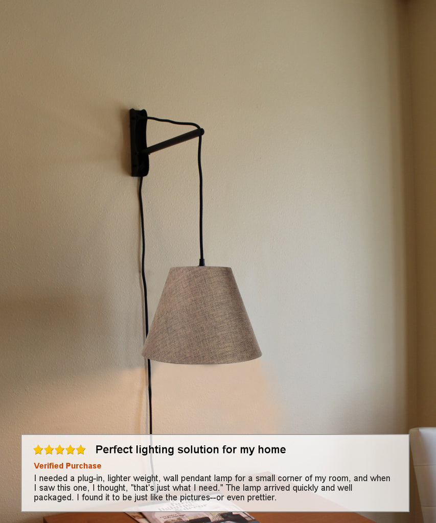 MAST Plug-In Wall Mount Pendant, 1 Light Black Cord/Arm, Chocolate Burlap Shade 06x12x09