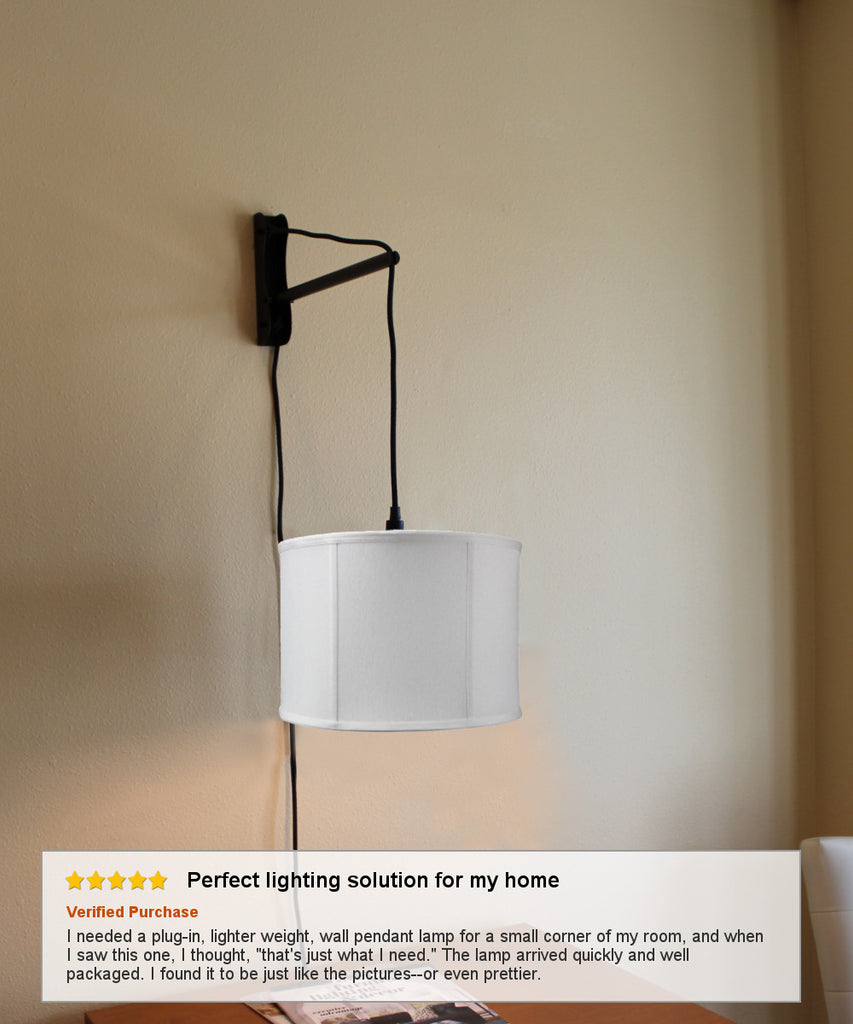 MAST Plug-In Wall Mount Pendant, 1 Light Black Cord/Arm, Light Oatmeal Shade 14x14x10