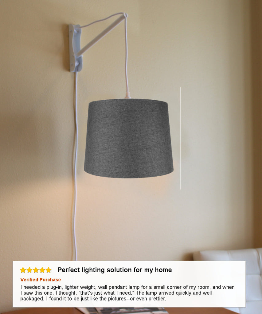 MAST Plug-In Wall Mount Pendant, 2 Light White Cord/Arm with Diffuser, Drum Granite Gray Burlap Shade 12x14x10