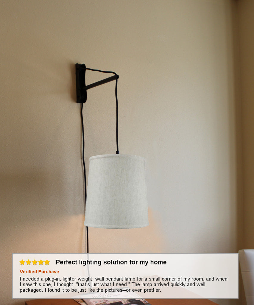 MAST Plug-In Wall Mount Pendant, 1 Light Black Cord/Arm, Textured Oatmeal Shade 10x12x12