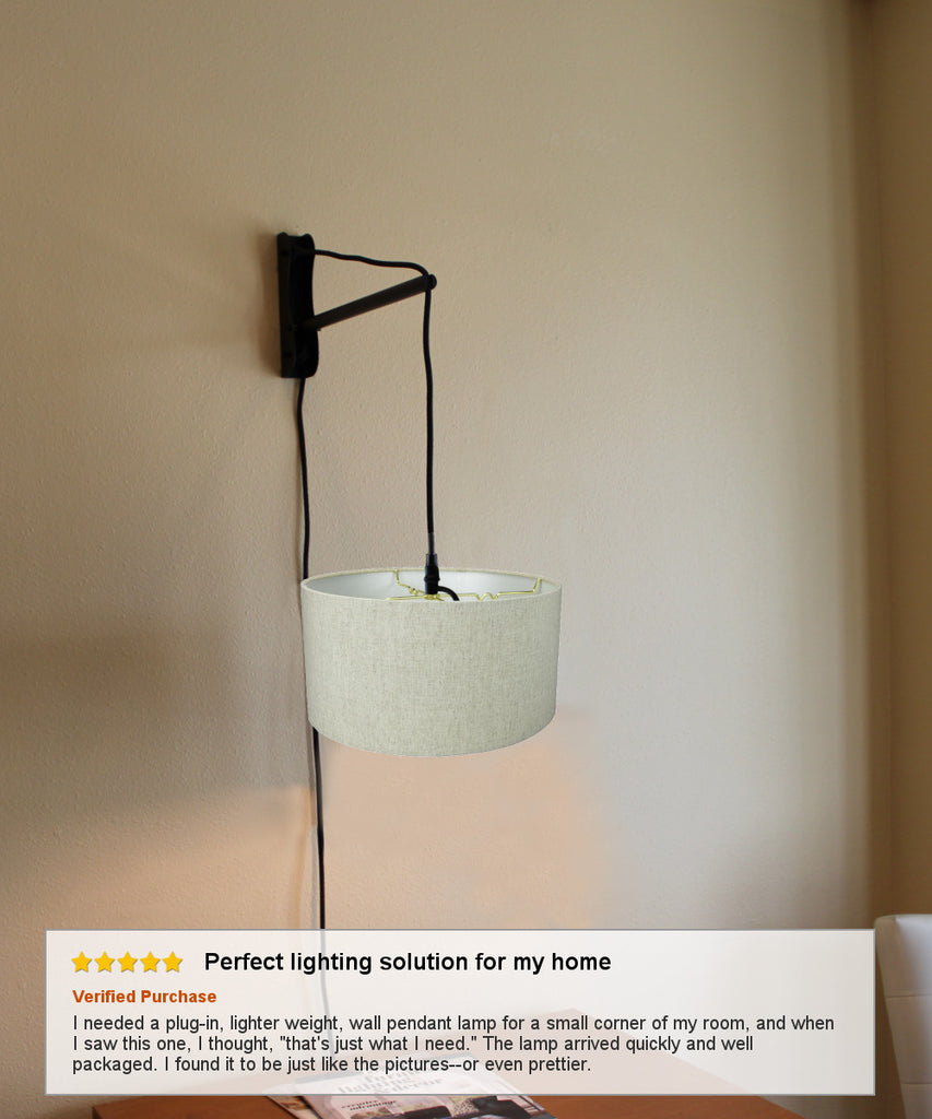 MAST Plug-In Wall Mount Pendant, 1 Light Black Cord/Arm, Textured Oatmeal Shade