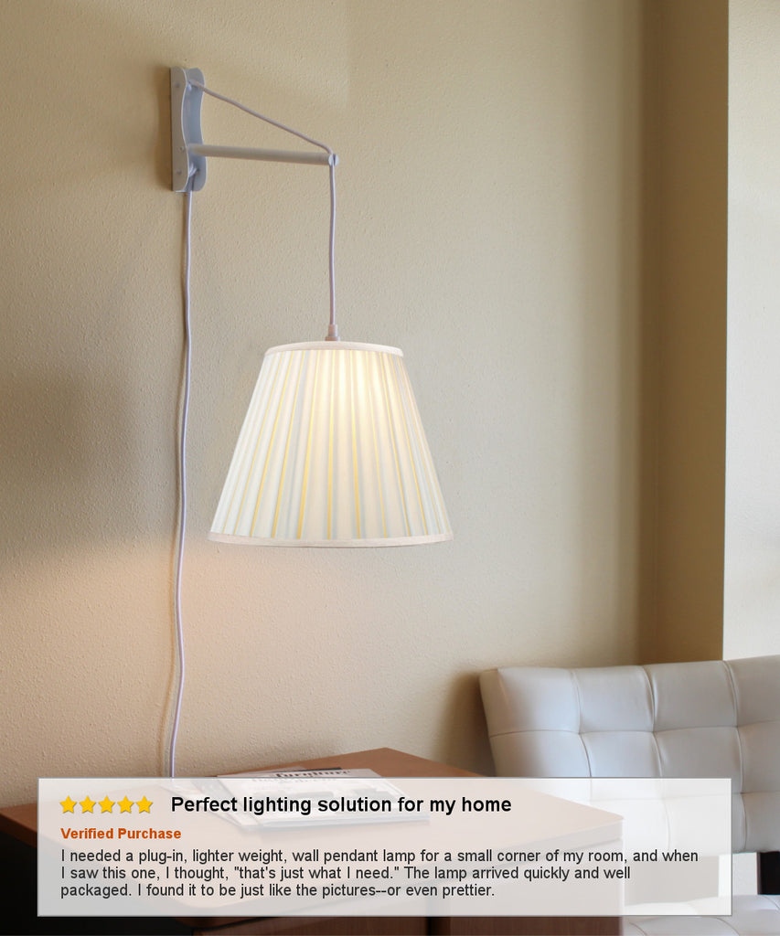 MAST Plug-In Wall Mount Pendant, 2 Light White Cord/Arm with Diffuser, Empire Box Pleat Egg Shell Shade 11x18x13