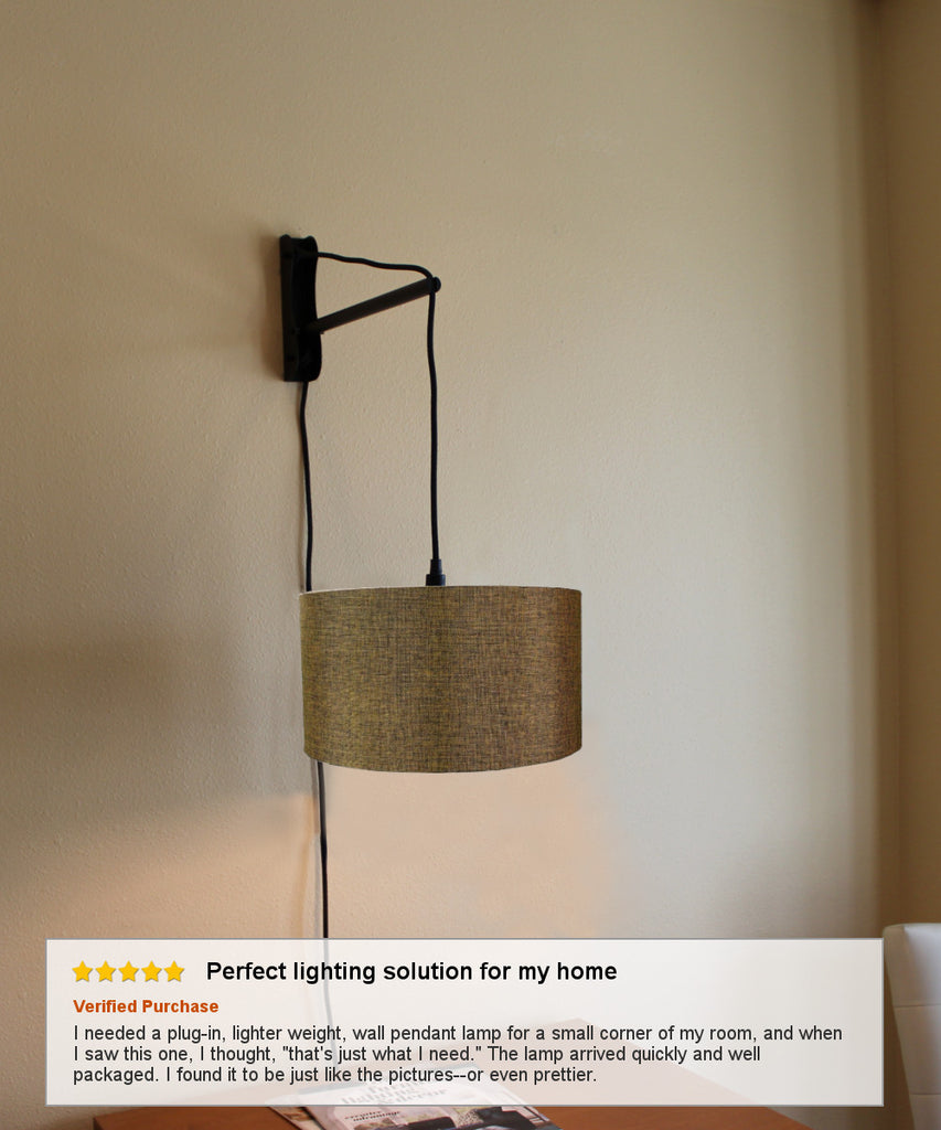 MAST Plug-In Wall Mount Pendant, 1 Light Black Cord/Arm, Chocolate Burlap Shade 18x18x10