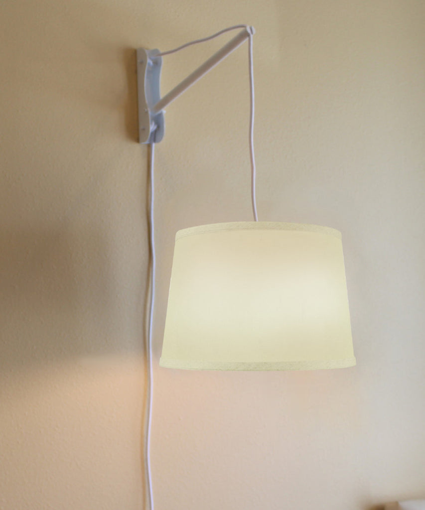 MAST Plug-In Wall Mount Pendant, 1 Light White Cord/Arm, Drum Egg Shell Shantung Shade 10x12x08