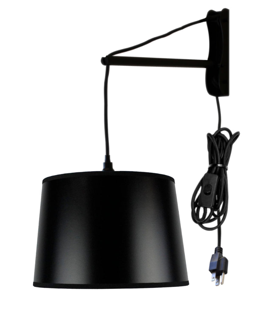 MAST Plug-In Wall Mount Pendant, 1 Light Black Cord/Arm, Shallow Drum Black Shade 10x12x8