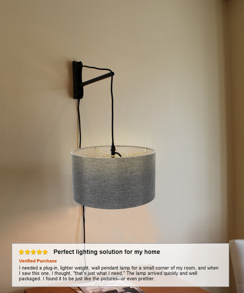 MAST Plug-In Wall Mount Pendant, 1 Light Black Cord/Arm, Granite Grey Shade 14x14x07