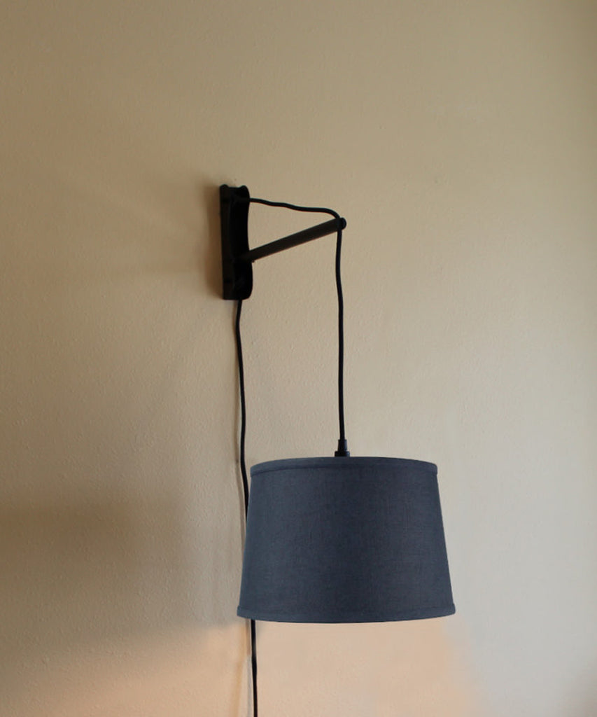 MAST Plug-In Wall Mount Pendant, 1 Light Black Cord/Arm, Shallow Drum Textured Slate Blue Shade, 14x16x10