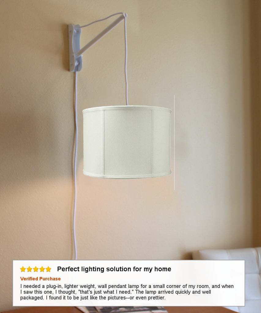 MAST Plug-In Wall Mount Pendant, 2 Light White Cord/Arm with Diffuser, Light Oatmeal Drum Shade 14x14x10