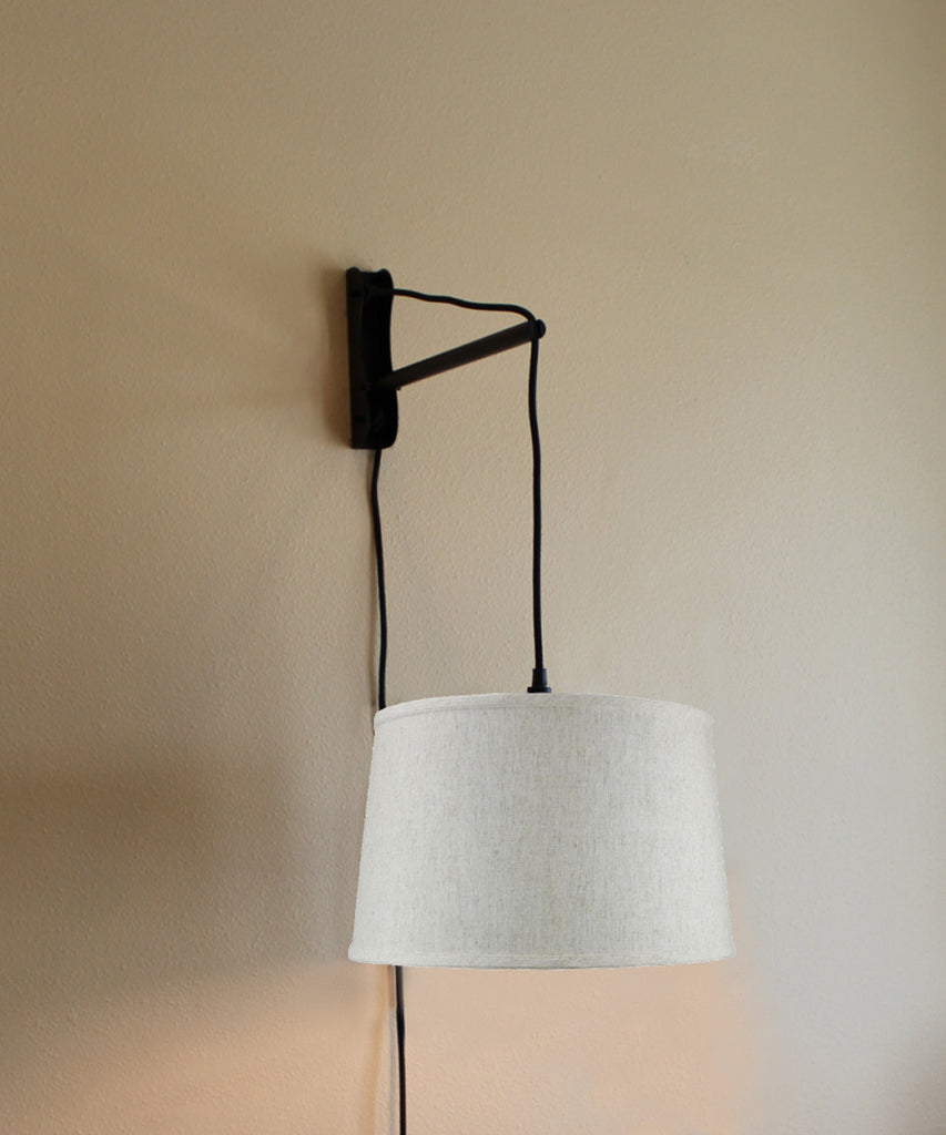 MAST Plug-In Wall Mount Pendant, 1 Light Black Cord/Arm, Shallow Drum Textured Oatmeal Shade 14x16x10