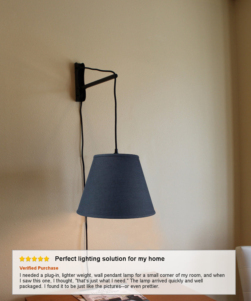 MAST Plug-In Wall Mount Pendant, 1 Light Black Cord/Arm, Textured Slate Blue Shade 09x16x12