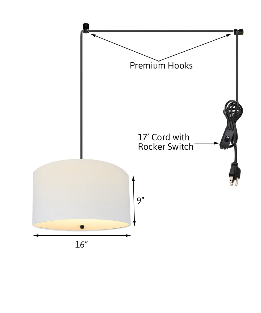 2 Light Swag Plug-In Pendant 16"w White Linen Drum with Diffuser, Black Cord