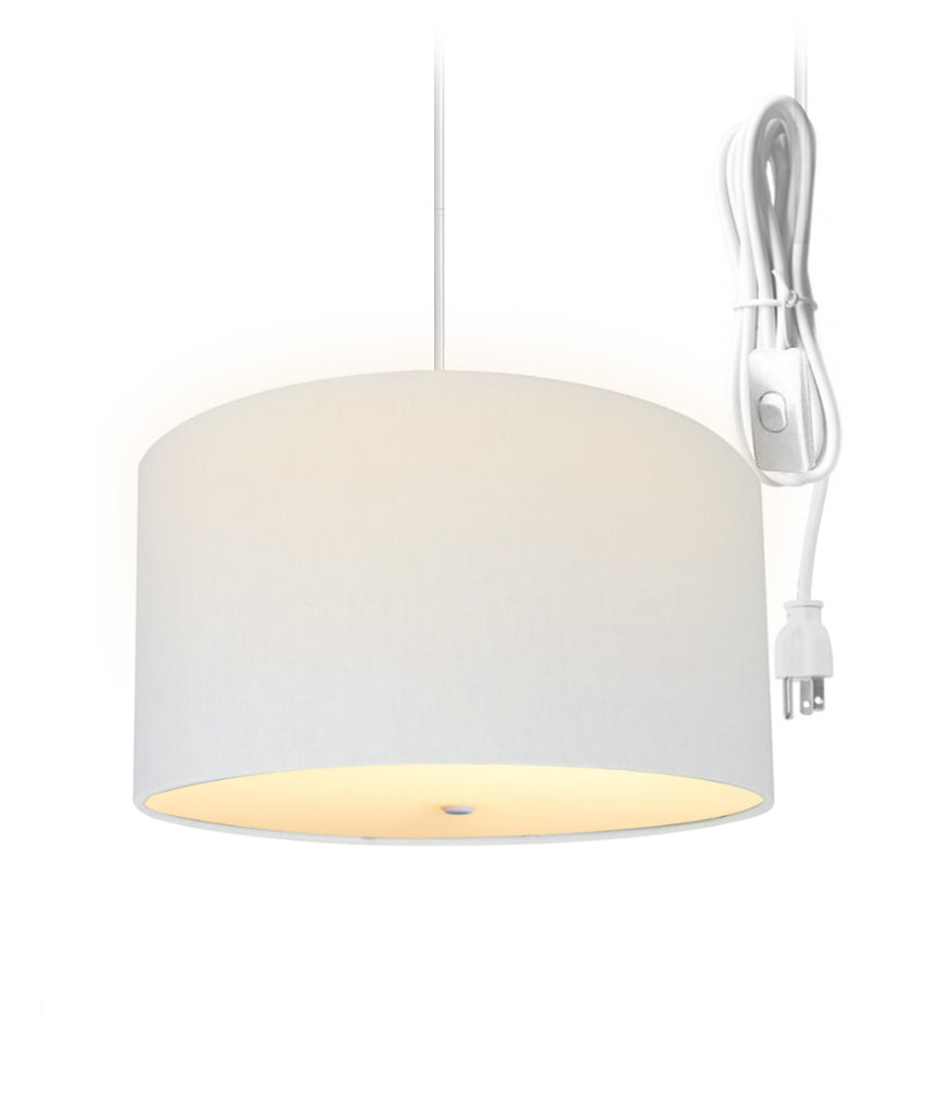 2 Light Swag Plug-In Pendant 16"w White Linen Drum with Diffuser, White Cord