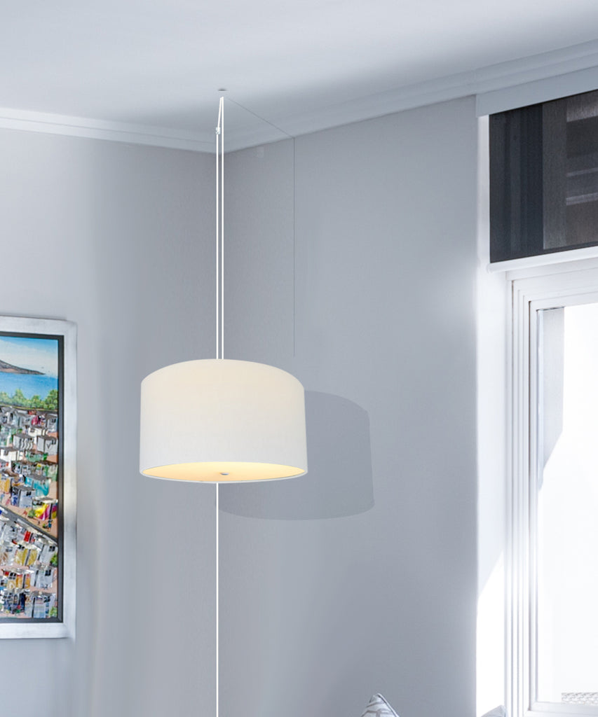 2 Light Swag Plug-In Pendant 16"w White Linen Drum with Diffuser, White Cord