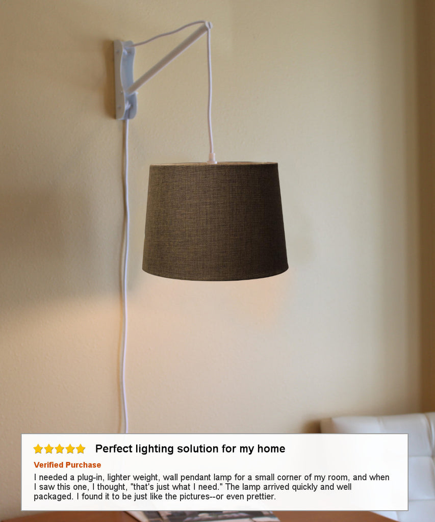 MAST Plug-In Wall Mount Pendant, 2 Light White Cord/Arm with Diffuser, Drum Chocolate Burlap Shade 12x14x10