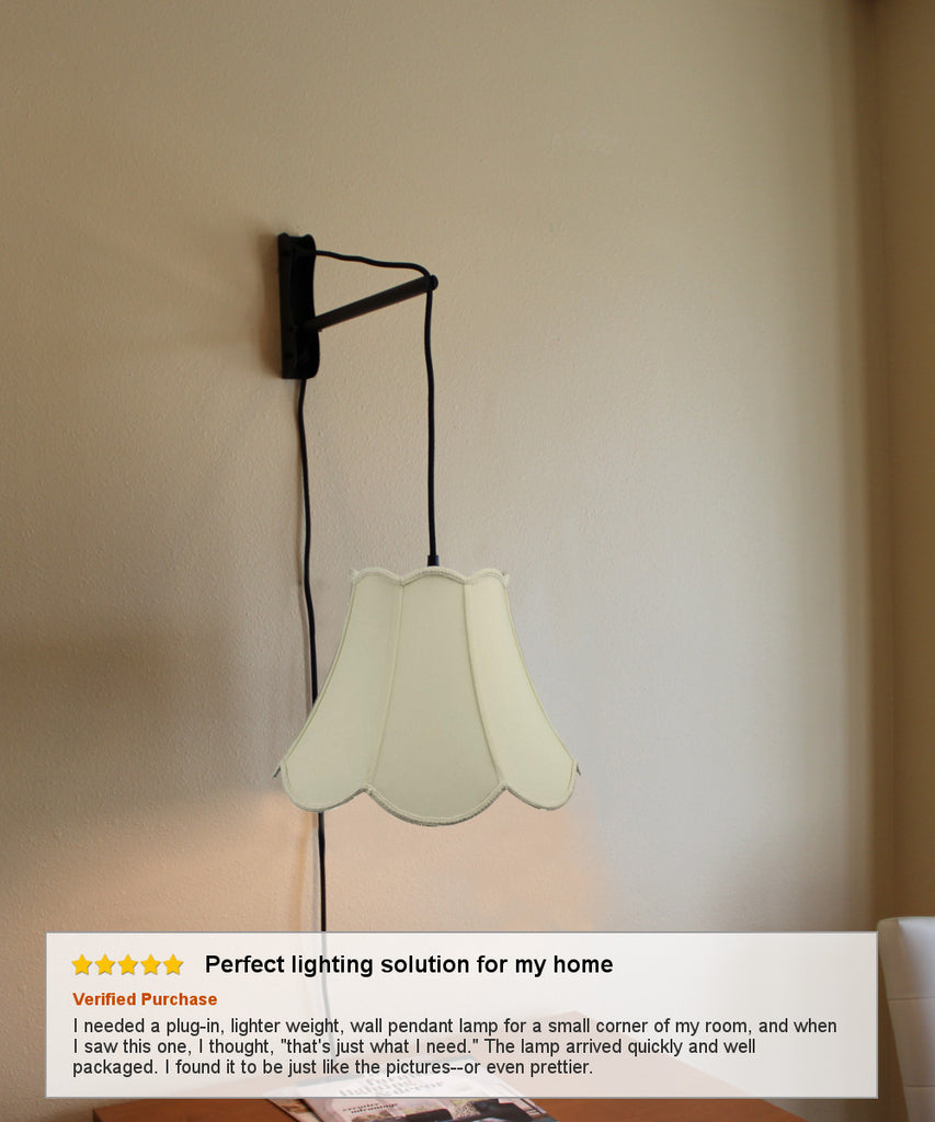 MAST Plug-In Wall Mount Pendant, 1 Light Black Cord/Arm, Eggshell Shade 09x18x13