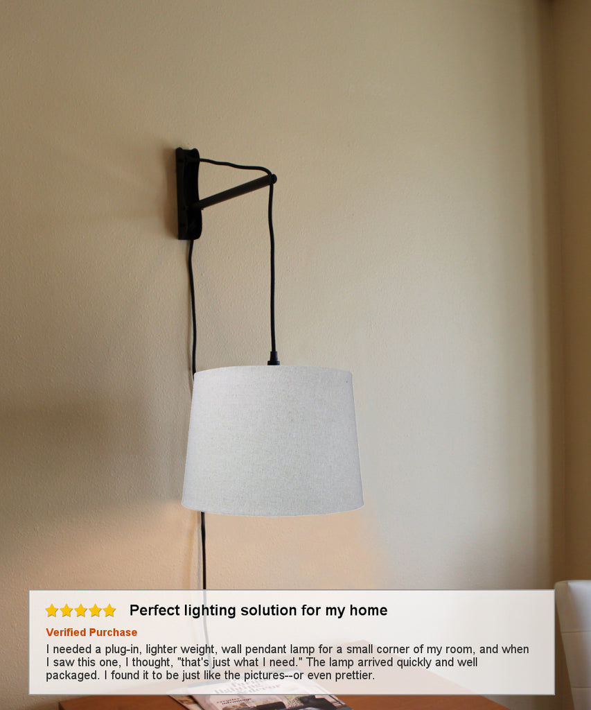 MAST Plug-In Wall Mount Pendant, 1 Light Black Cord/Arm, Sand Linen Shade 12x14x10