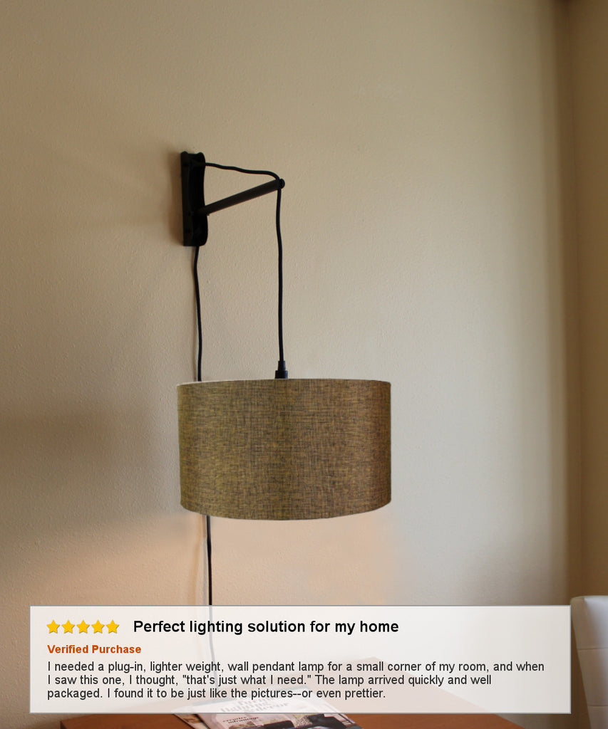 MAST Plug-In Wall Mount Pendant, 1 Light Black Cord/Arm, Chocolate Burlap 12x14x10