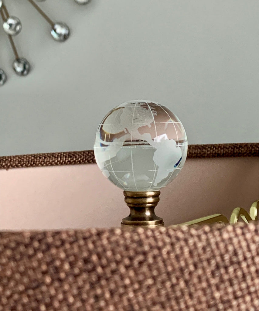 Frosted Crystal Clear Globe Earth Lamp Finial Antiqued Brass Base 3"h